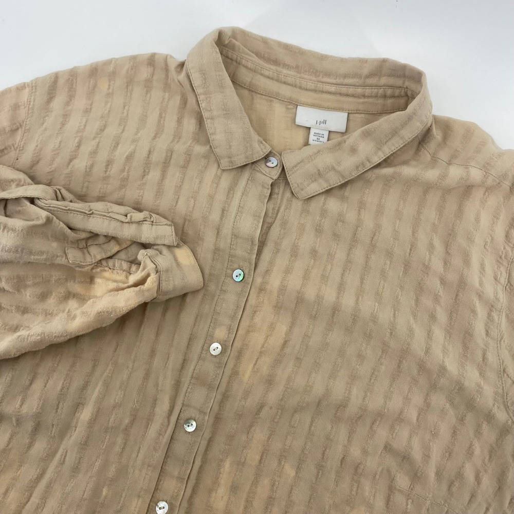 J. Jill Button Down Shirt Womens 3X Beige Textured Roll Tab Sleeve Blouse